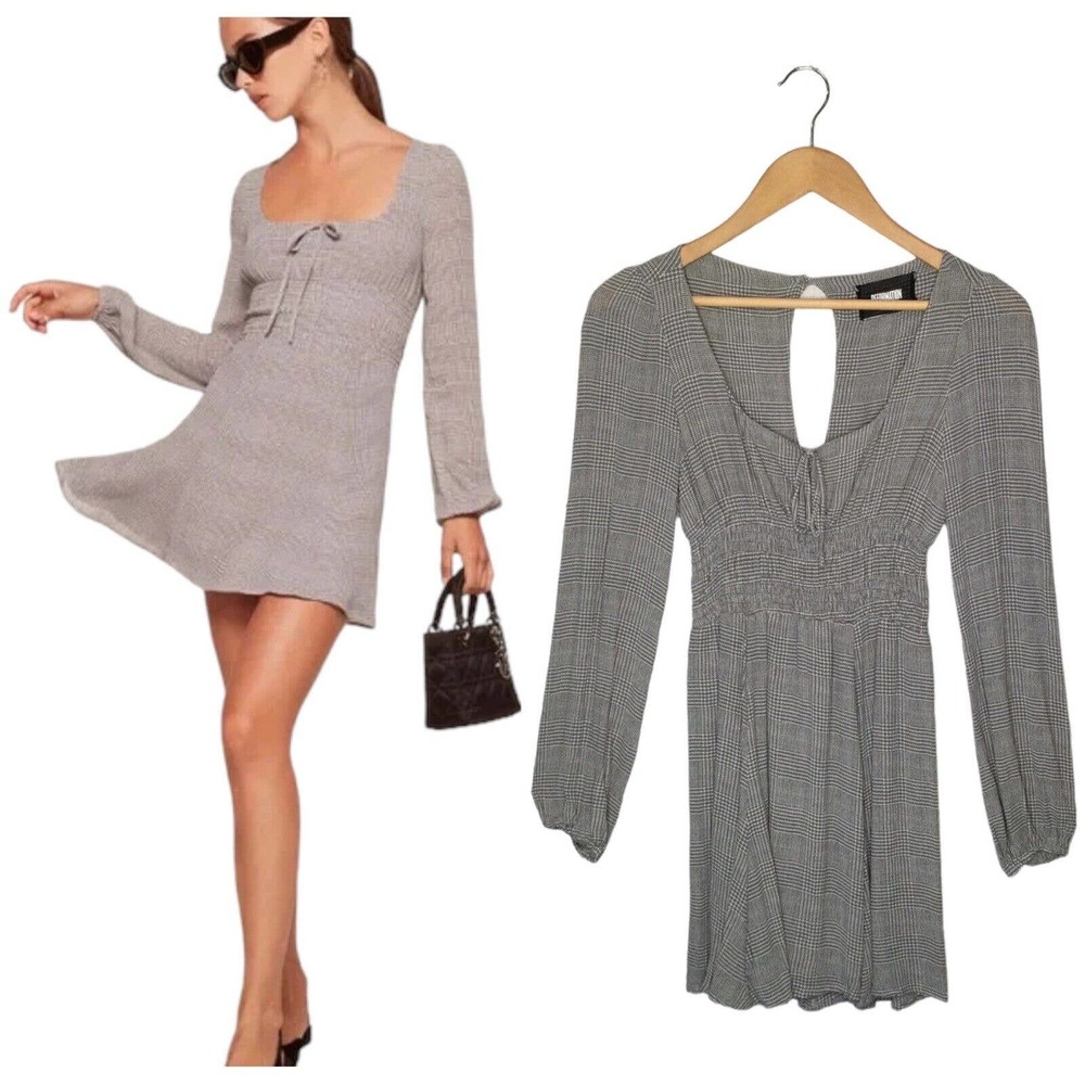 Reformation Wilder Dress Glen Plaid Long Sleeve Square Neck Mini Gray 6